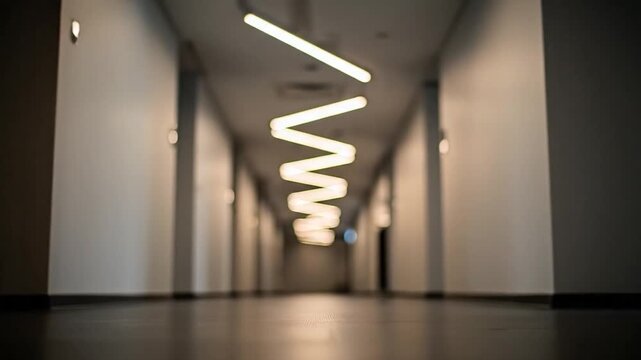 Modern illuminated hallway with abstract zigzag ceiling lights and deep perspective