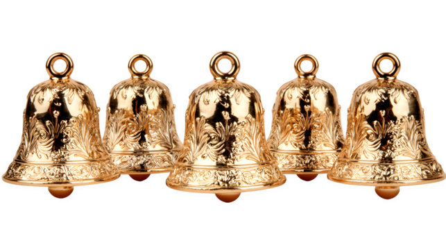 Set of Five Shiny Golden Bells with Intricate Detailing isolated on white background