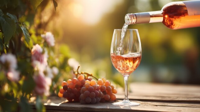 A bottle glistens as it pours rose wine into a glass resting on a rustic wooden table. Fresh grapes lie nearby and the soft glow of sunset enhances the peaceful vineyard setting.