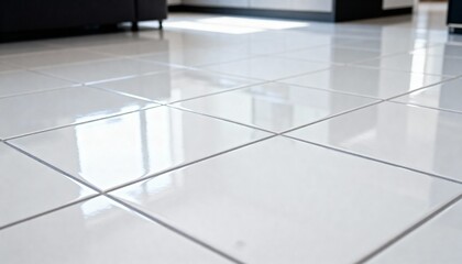 Close up view of a glossy white tiles floor perspective view 