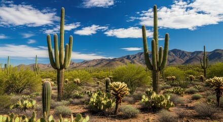 Fototapeta premium Saguaro Cactus Landscape Under Blue Cloudy Sky