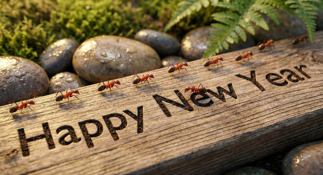 A group of ants walking across a wooden board with the text “Happy New Year”