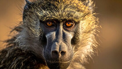 A close-up portrait of a primate with striking amber-colored eyes, facing the camera with intense focus. The fur is textured and varied