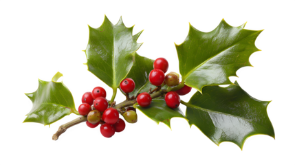 Holly Branch with Ripe Red and Unripe Green Berries isolated on white background