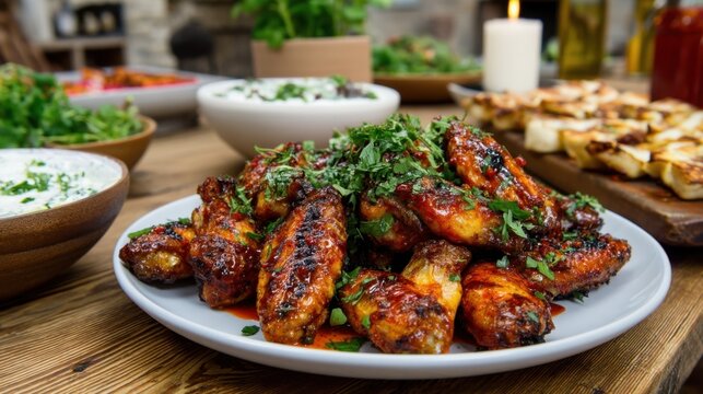 Grilled chicken wings are plated with vibrant herbs surrounded by various side dishes and sauces on a rustic wooden table during a friendly get together.