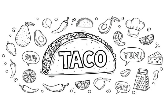 Black and white taco doodle with mexican food elements