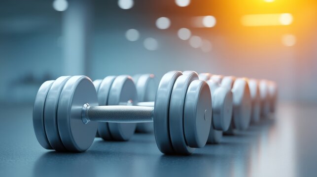 Row of Silver Dumbbells on Gym Floor with Blurred Background and Warm Lighting, Fitness Equipment for Strength Training and Weightlifting