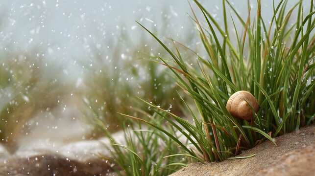 A tiny snail shell nestled amongst blades of green grass on a sandy surface with soft falling snow in the background