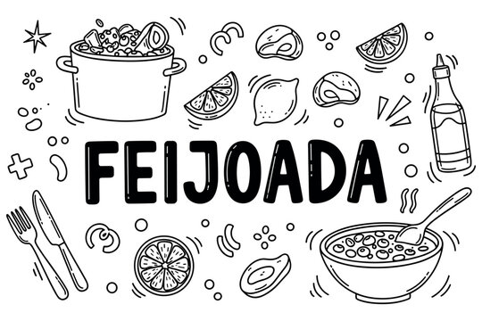 Hand-drawn feijoada elements and ingredients with text in black and white