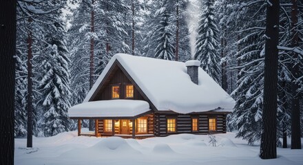 Cozy log cabin nestled in a snowy winter forest with warm light glowing from the windows on a cold winter evening