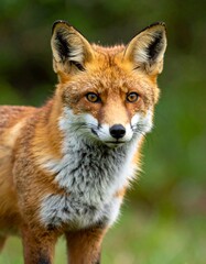 Fototapeta premium A close-up portrait of a red fox, its alert gaze and vibrant fur contrasting against a blurred green backdrop. The creature's features are sharply defined
