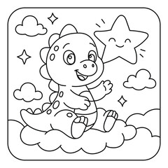 Cute Baby Dinosaur Coloring Page — Little Dino Sitting on Cloud with Smiling Star & Sky Scene | Kids Printable Line Art