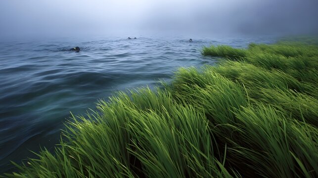 Snorkelers swim in misty water beside lush green reeds at dawn