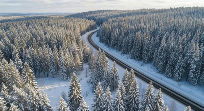 Aerial view of a winding road through a snow covered forest in winter creating a scenic and peaceful landscape