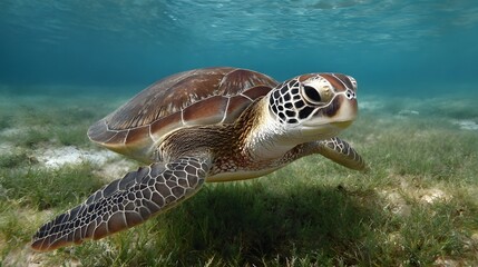 Obraz premium A majestic sea turtle swims gracefully through clear blue ocean waters over a bed of green seagrass