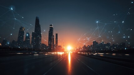 Smart city connection with data network grid over urban skyline and highway at sunrise, futuristic digital infrastructure concept.