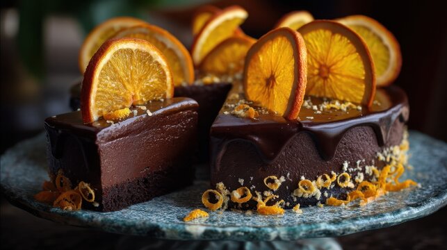 Delicious chocolate orange cake features rich layers topped with fresh orange slices. The dessert is presented on a decorative plate highlighting its vibrant colors. - Powered by Adobe