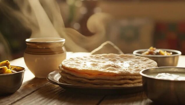 Steaming Indian Breakfast Spread: A delightful and aromatic Indian breakfast is beautifully arranged on a rustic wooden table. The focal point is a stack of freshly made parathas.