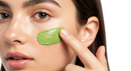 Woman applying green face mask with her hand, closeup shot of skincare routine, beauty treatment, isolated on transparent background