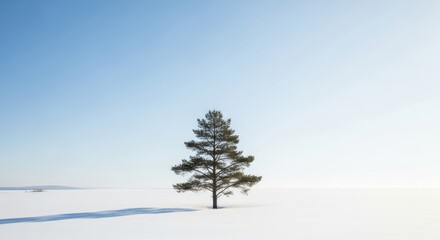 Solitary pine tree standing in a vast snow covered field under a clear blue sky on a bright sunny winter day