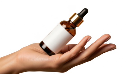 Hand holding a small glass dropper bottle with a golden cap, isolated on transparent background
