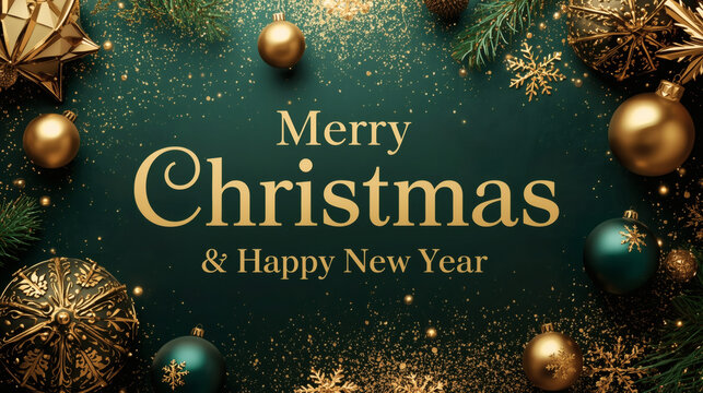 Luxurious Green and Gold Christmas Card with Hanging Ornaments and Glitter