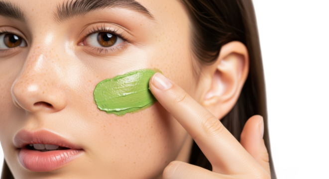 Woman applying green face mask with her hand, closeup shot of skincare routine, beauty treatment, isolated on transparent background
