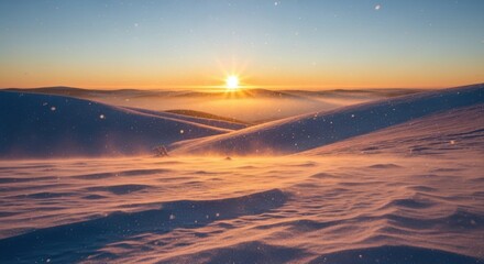 Golden sunrise over snowy hills creates a serene and beautiful winter landscape scene