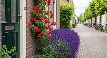 Naklejka premium Red Roses and Purple Flowers Beside Brick House