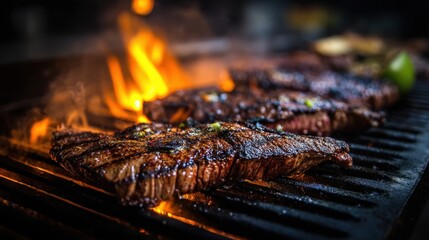 Several steaks are sizzling on a grill surrounded by bright flames. It is a warm summer evening and the smoke adds to the lively atmosphere of a backyard barbecue.
