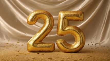 A gold glittering number 25 sits prominently on a soft fabric background ideal for celebrating milestone birthdays or anniversaries creating a festive atmosphere.
