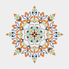 Vibrant intricate mandala with symmetrical floral and geometric patterns in orange, green, and blue, forming a decorative spiritual motif