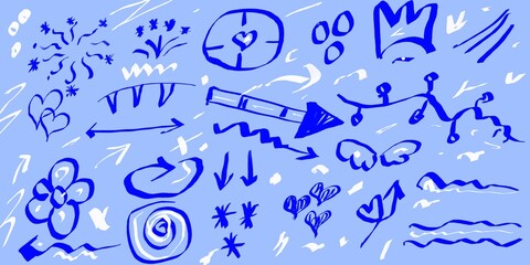 Obraz premium Abstract blue doodle set featuring arrows, hearts, flowers, stars, shapes, scribbles, and playful sketch elements on a soft background. Creative hand-drawn illustration perfect for patterns and design