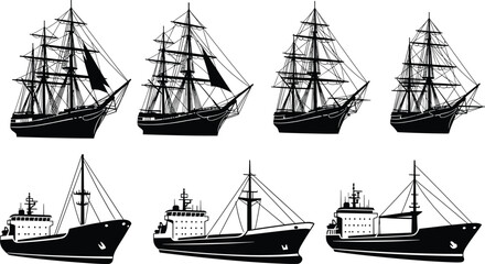 Set of black ship silhouettes, vintage sailing frigates, modern cargo vessels, marine transport icons, nautical vector illustration for sea travel design.