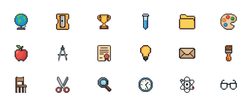 Pixel art school icons: globe, pencil sharpener, trophy, pen, folder, palette, apple, compass, certificate, bulb, envelope, paintbrush, chair, scissors, magnifying glass, clock, atom, glasses