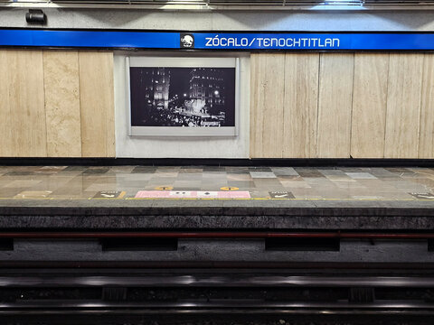 Mexico City, Mexico - Aug 4, 2025: Metro station in downtown CDMX, Zocalo Tenochtitlan, on Line 2 in the Cuauhtemoc borough