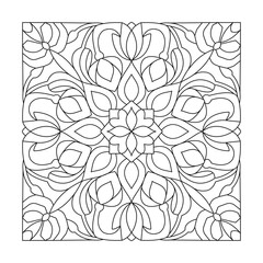 Intricate black and white line art floral mandala pattern, symmetrical and decorative, perfect for coloring books, textile designs, or spiritual meditation