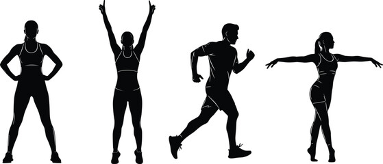 Athletic silhouette icons, physical activity poses, running figure, dance movement, power stance, stretching pose, fitness illustration, body motion symbols