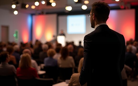 person is standing with their back to the camera, addressing an audience in what appears to be a public speaking event or conference. High quality