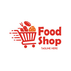 Shopping cart icon filled with food items and a fast-moving effect, representing grocery delivery Vector logo template © Pixel Perfect