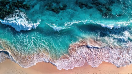 Aerial view of turquoise ocean waves crashing on pristine sandy beach shore from above, tropical seascape vista