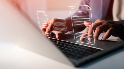 Digital data document management system (DMS), online documentation database and process automation to efficiently manage files, knowledge documentation in enterprise. Corporate business technology.