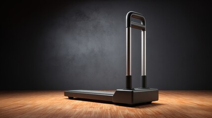 Modern sleek treadmill design on wooden floor with dramatic lighting, ideal for fitness enthusiasts and gym equipment showcases, fitness technology innovations