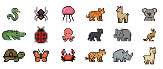 Naklejka premium Pixel art animals collection: snake, octopus, tiger, koala, rhino, llama