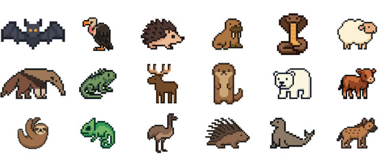 Naklejka premium Pixel art animals collection: diverse wildlife icons in retro style