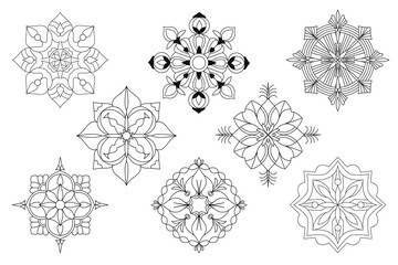 Intricate black and white geometric patterns, abstract symmetrical designs and decorative motifs, perfect for graphic design, textile prints, and creative projects