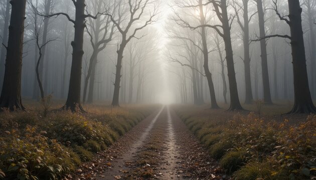 Enchanting misty path through a serene forest with a soft glow of sunlight - Powered by Adobe