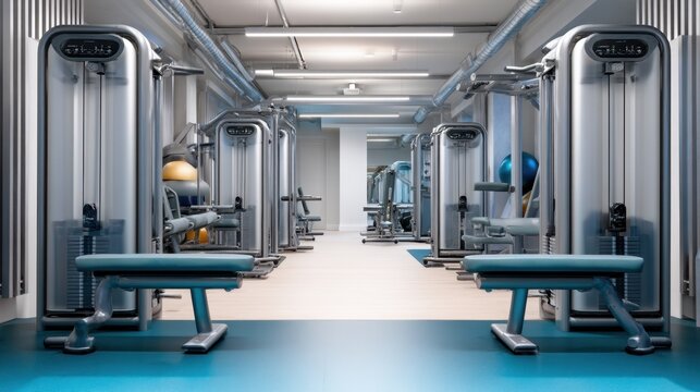 Modern Gym Interior with Workout Machines and Exercise Equipment, Bright Space for Fitness Training, Health and Wellness Lifestyle Environment
