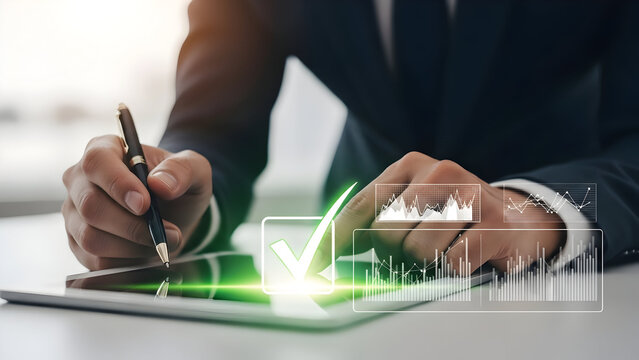 Business professional analyzing data on tablet with pen and financial graphics - Powered by Adobe