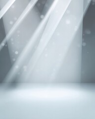 Light beams shine through a foggy room creating an ethereal scene